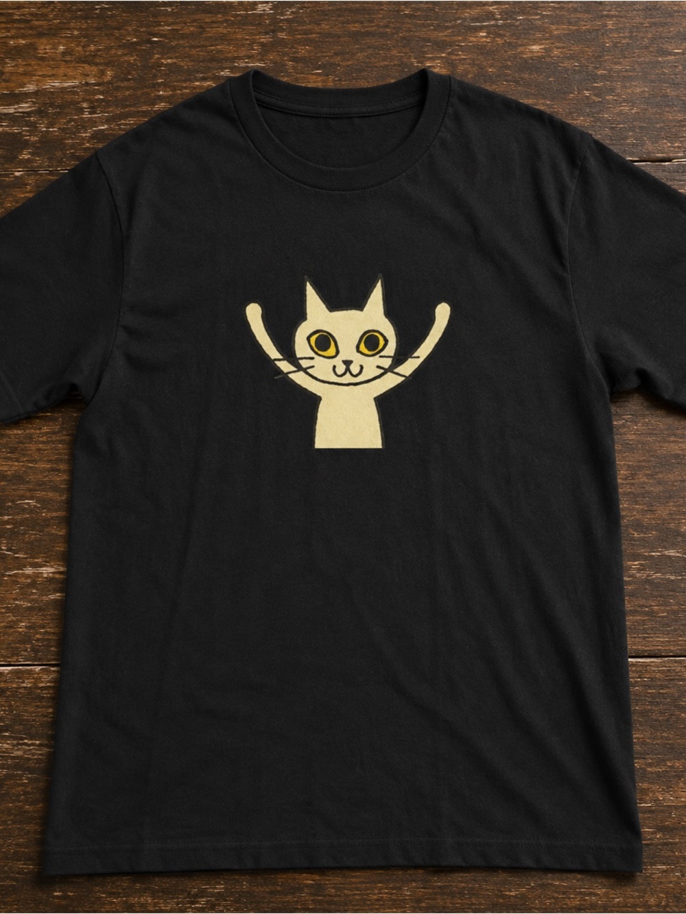 Gildan Black Tee with Cream Cat Graphic and Yellow Eyes